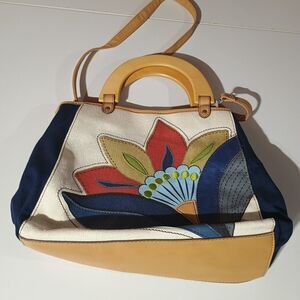 Color block Floral Handbag Boho Shoulder Bag Canvas Faux Leather Satchel Purse